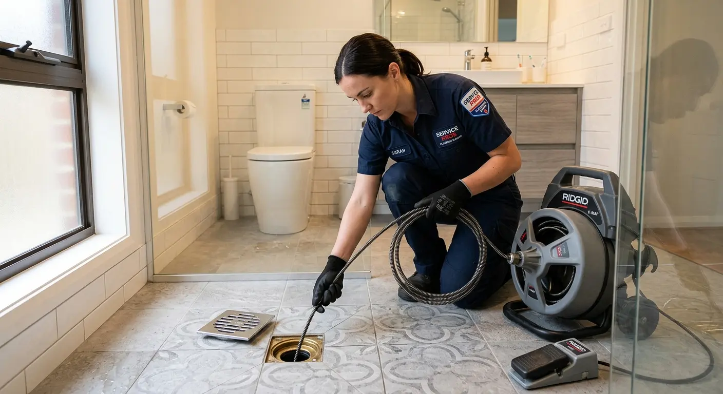 Technician clearing a bathroom floor drain for Drain Repair in South Beloit
